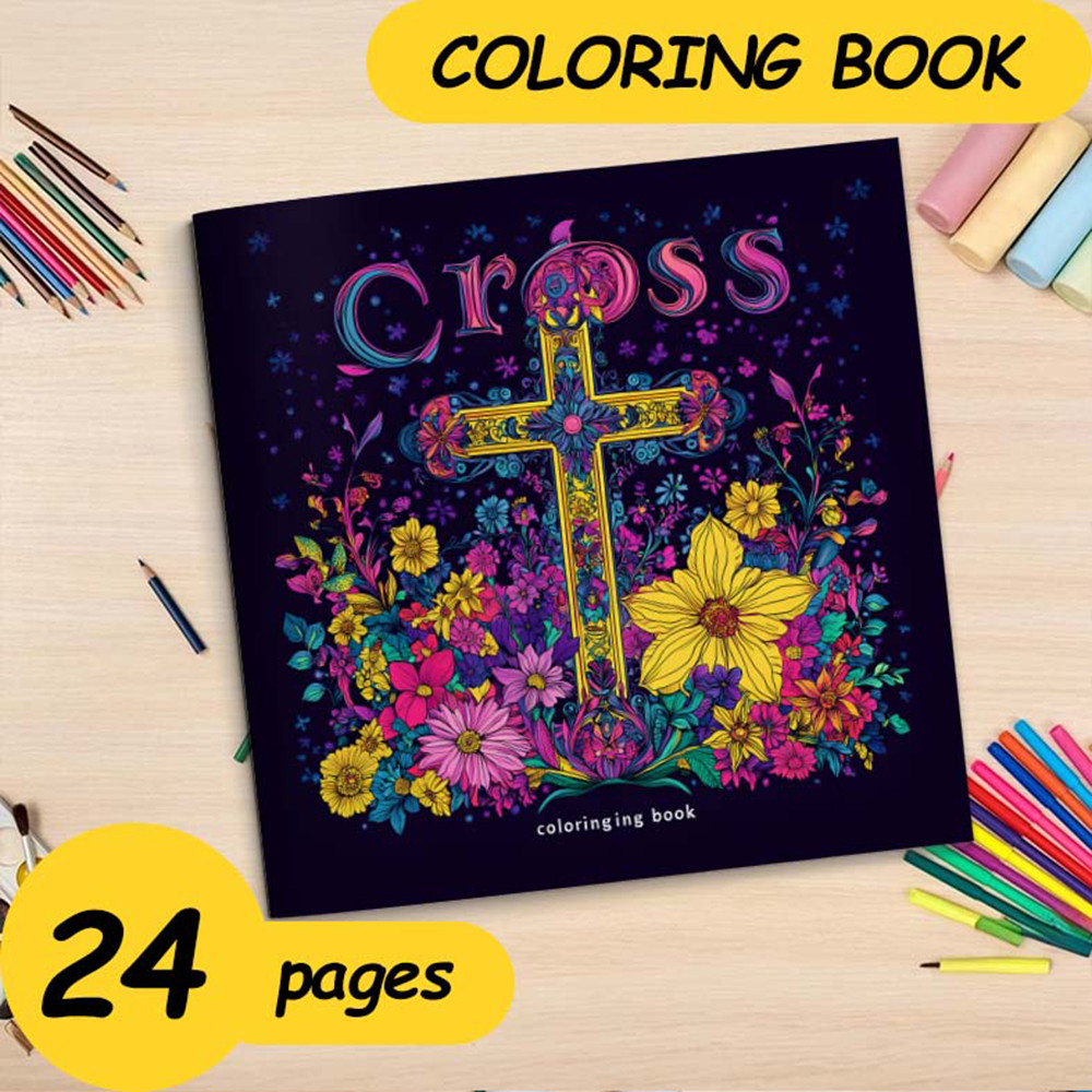 

Cross Surrounded By Flowers Art Coloring Book 24 Page Adult Picture Book Help Relieve Stress And