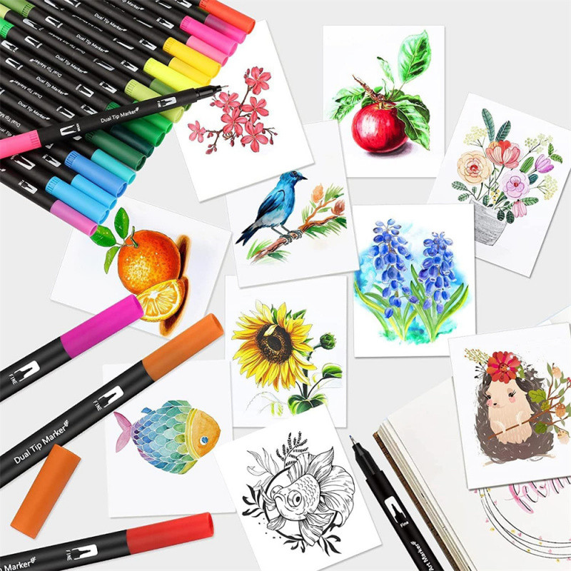 

24/36/48/60 Colors Dual Tips Marker Pen Washable Set Soft Fiber Brush Pen Fine Nib Art Drawing