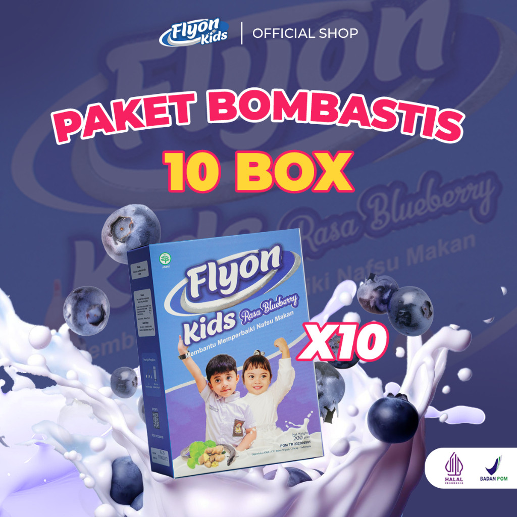 

NEW PACKAGING PAKET BOMBASTIS 10 BOX SUSU FLYON KIDS RASA BLUEBERRY - BPOM 100% ORIGINAL