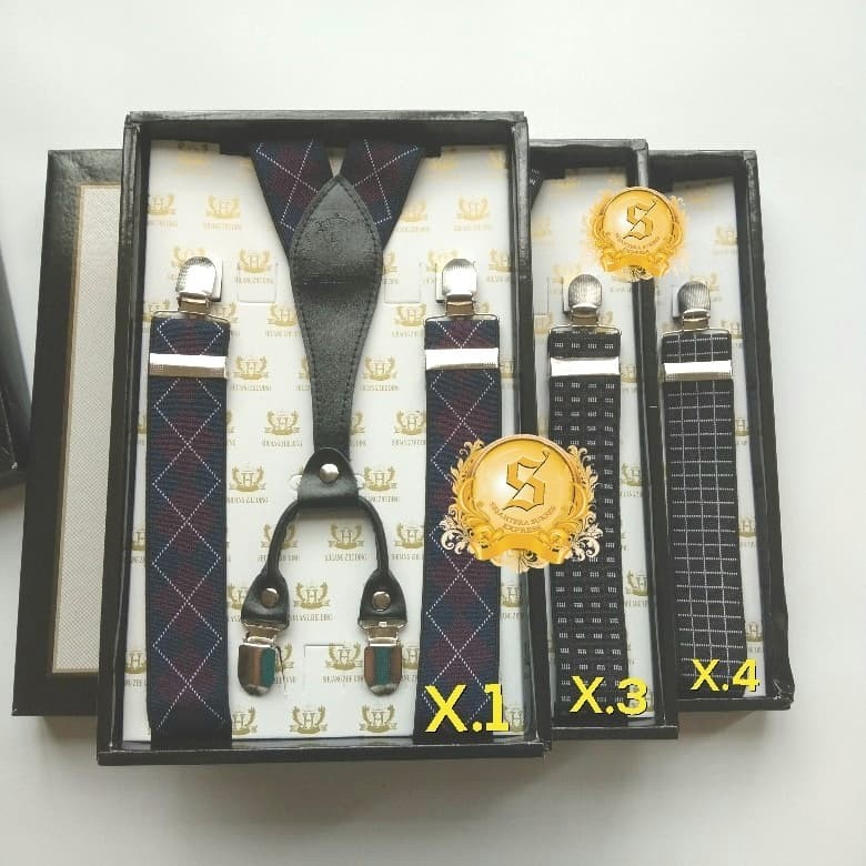 Benteng Onderdil Suspender Bretel Hitam Motif Kulit Letter X Premium Japit 4 Logam
