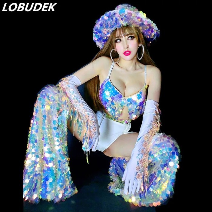 Sexy DJ Niglub Bar Stage Wear Women Singer Dancer Costume Glitter