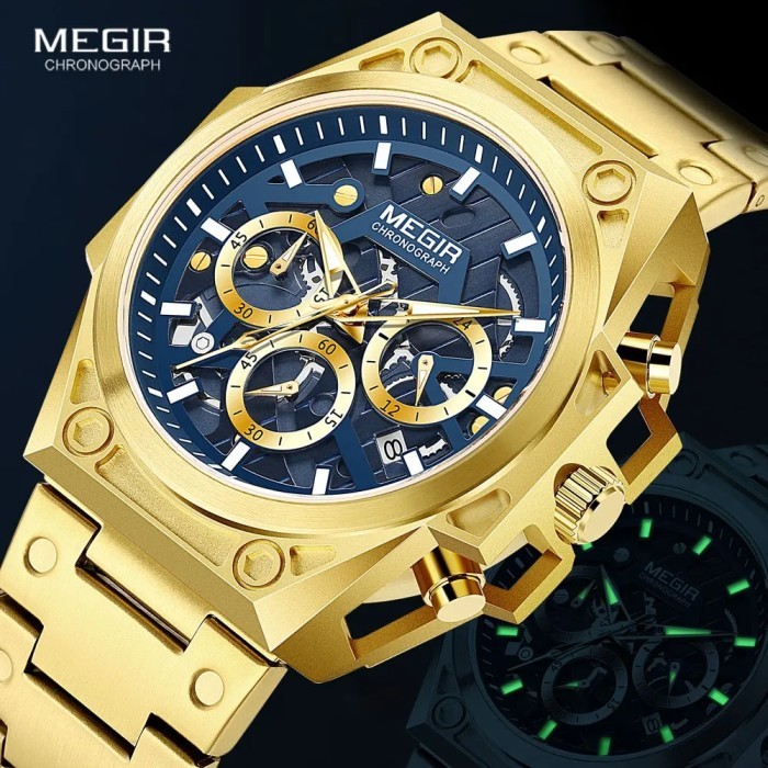 MEGIR Gold Watch for Men Stainless Steel Chronograph Wrist Watch Man