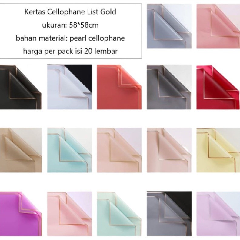 

(20 Lembar) Kertas Bunga Flower Wrapping Paper Cellophane Lis Gold Ukuran 58 X 58Cm Per Pack (Isi 20