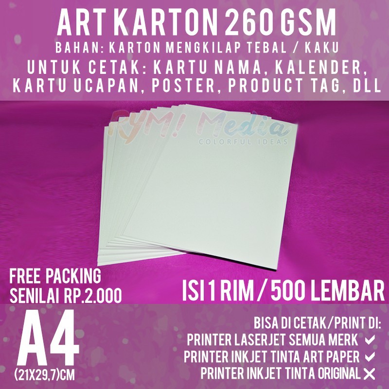 

lembar Art Karton 260 gsm A4 / Kertas Art Carton Paper Glossy 260 gram isi 1 RIM