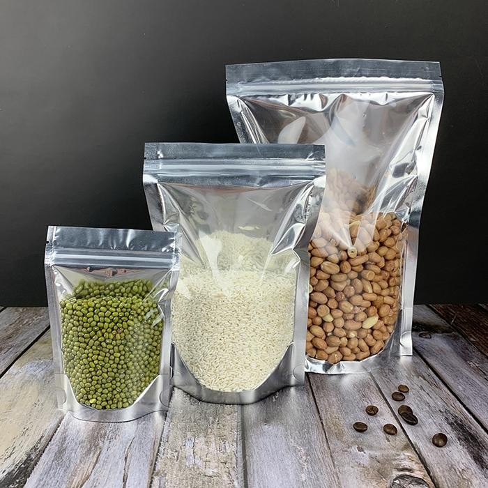 100PCS Alumunium Standing Pouch Silver Kemasan Standing Pouch Aluminum Foil Clear Zipper Bag Food