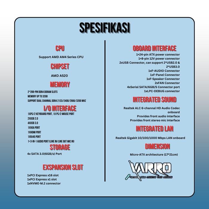 MOTHERBOARD VARRO-A520 AMD SERIES DDR4 MOTHERBOARD A520-VARRO AMD