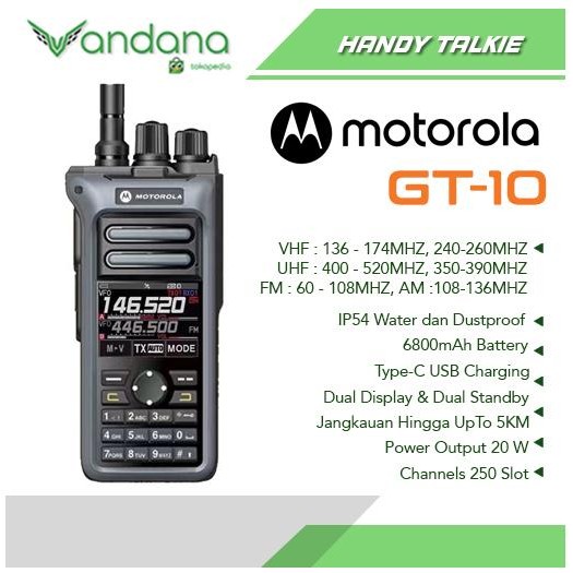 Ht Handy Talky Motorola Gt-10 Range 20 Km Output 20W Daya Baterai 6800 Mah Promo
