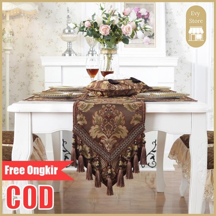 Evy Store Cod Taplak Meja Tamu Tebal Bordir Timbul Meja Makan Rumbai Belgia Turki Premium Alas Meja