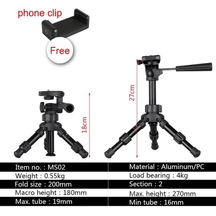 BEXIN MS02 Tripod 3 Way Aluminium Ball Head Portable for Phone Camera