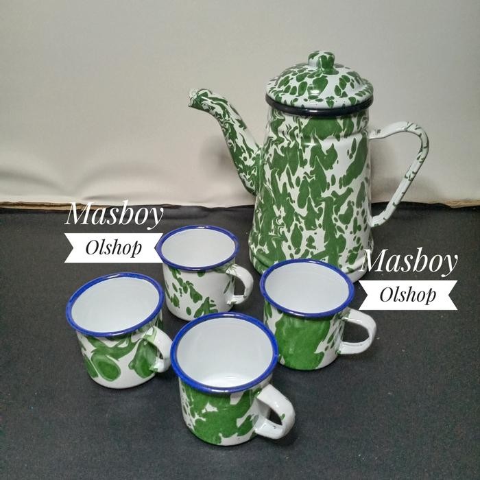 1 Set Teko Enamel Eskan Burik Blirik+Mug 7 cm / Barang Jadul Antik