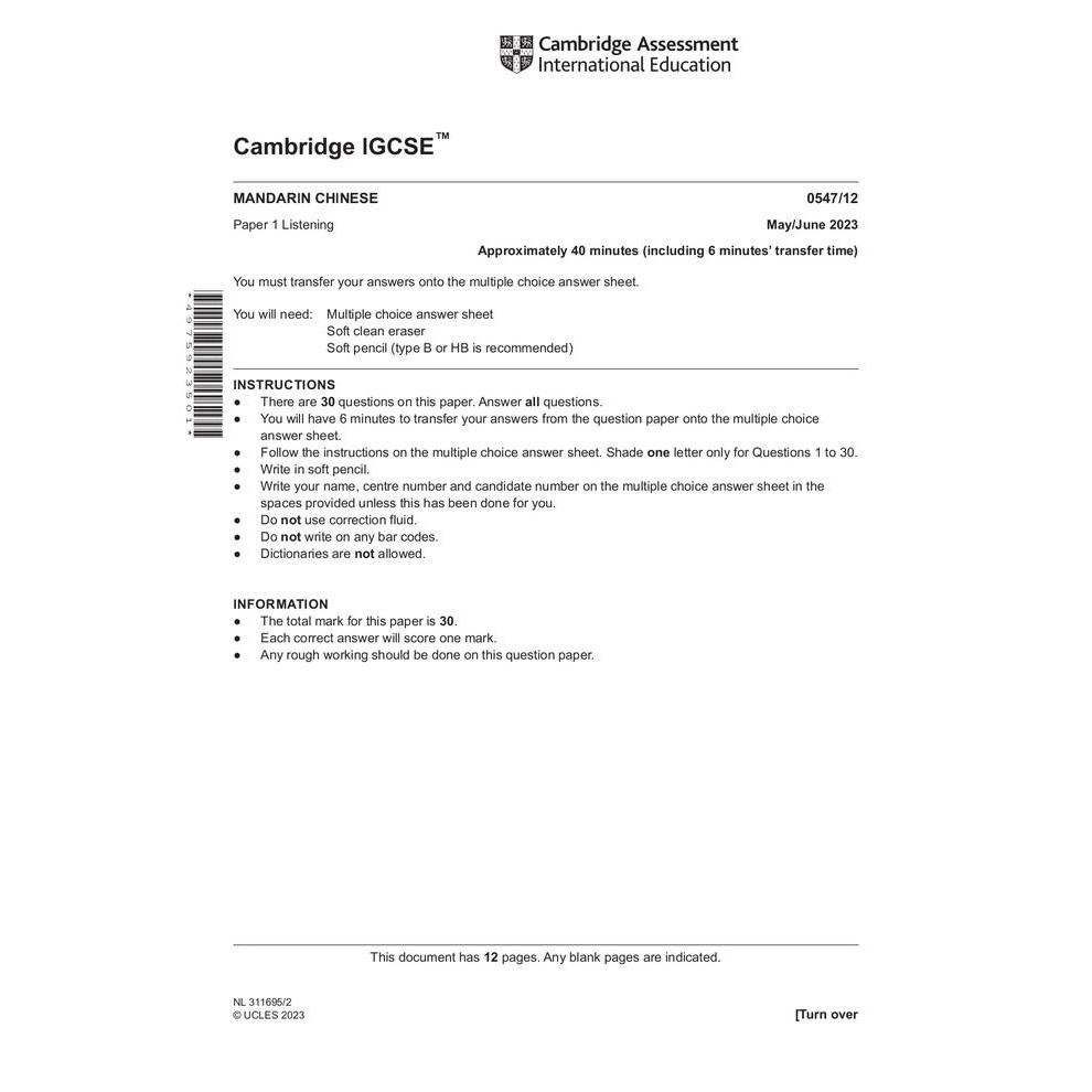 

TERLARIS IGCSE MANDARIN 0547 2020 2021 2023 2024 MAY/JUNE PAST PAPERS AND MARK SCHEMES READY