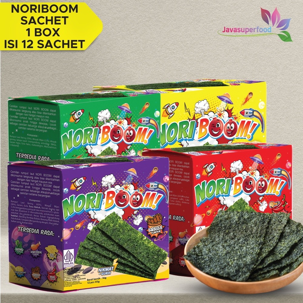 

NoriBoom (1 BOX ISI 12 PCS) / Nori Sachet Seaweed Snack 3g Rumput Laut [HALAL]