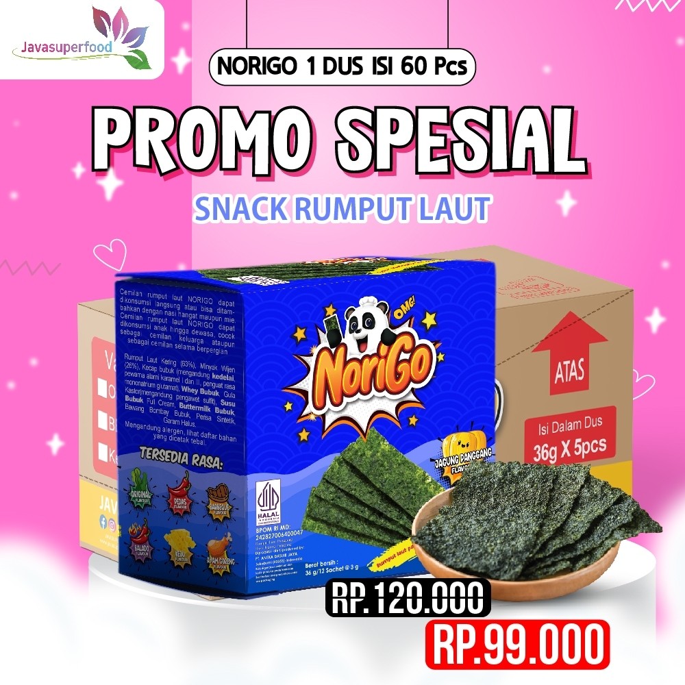 

Norigo 1 DUS FREE 10 PCS / Nori Sachet Seaweed Snack 3g Halal Jagung Panggang