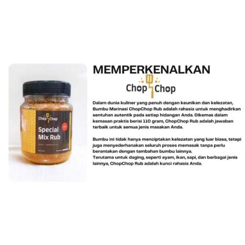 

Restokobar Chopchop Special Mix Rub Ginal Bumbu Marinasi Rendah Kal Diet Serbaguna 110 Gram