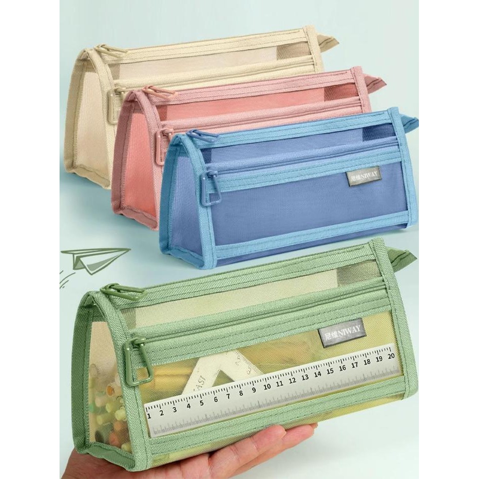 

Ready JT Tempat Transparan Tas pensil jala lapisan ganda tas alat tulis berkapasitas besar Tas