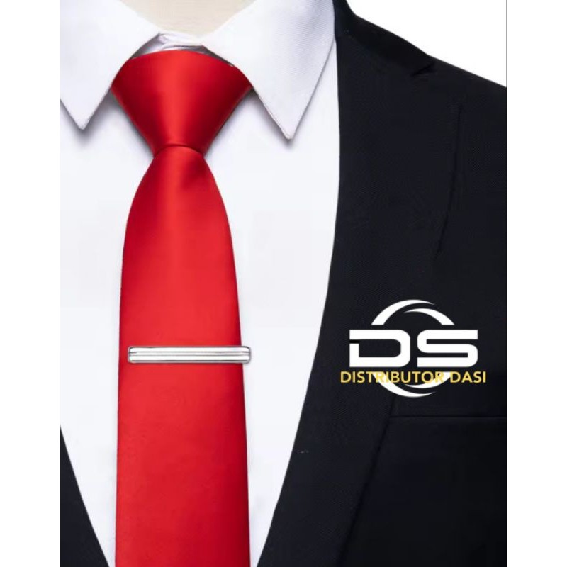 Classic Discount Paket Hemat Dasi Merah Pria Wanita Dasi Merah Polos 3 Inch Dan Penjepit Dasi Silver