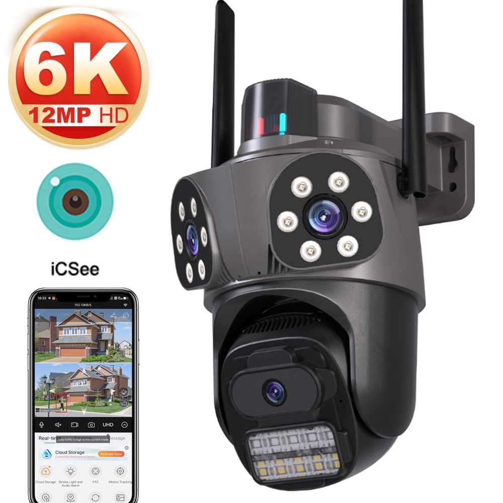 

12MP 6K HD WiFi IP Camera Outdoor 3 Lens 3 Screen PTZ Camera Auto Tracking Home Security CCTV Surveillance 8MP Cam