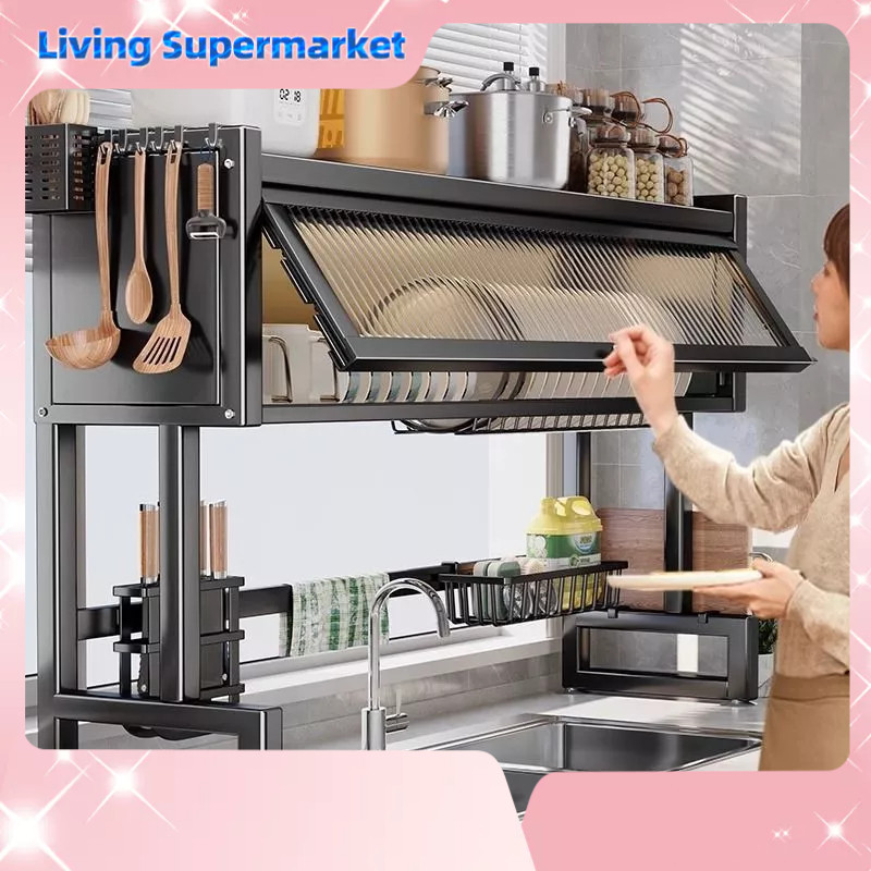 95/105cm Rak Piring Dapur Stainless Steel Rak Piring Tertutup Gantung Cuci Piring Wastafel