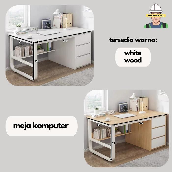 Meja Kerja Minimalis/Meja Kantor Laci/Meja Belajar/Meja Komputer 100Cm Standart - Putih