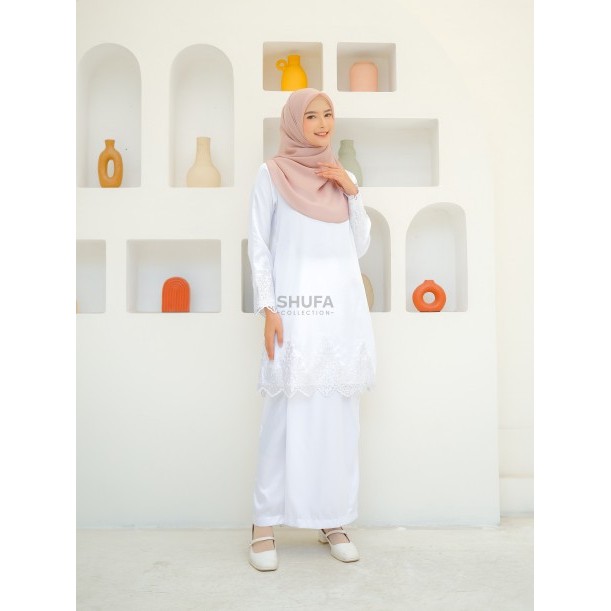 SIAPKIRIM Baju Setelan Kurung Melayu Wanita Modern Brokat Renda Akad AMalaysia Perempuan Putih