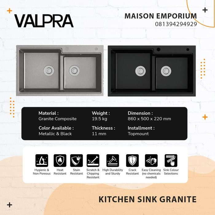 Kitchen Sink Granit Valpra 86X50 / Tempat Cuci Piring Hitam + Keran