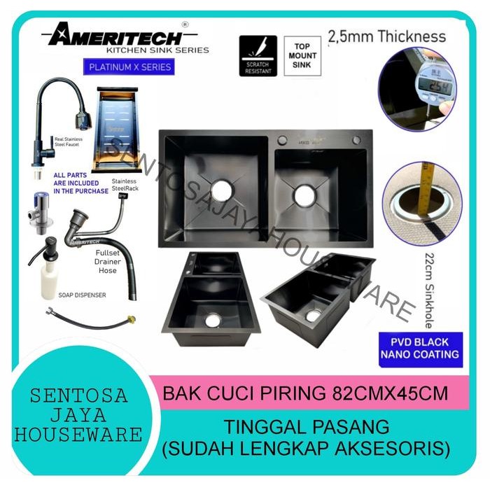 BAK CUCI PIRING HITAM 82CMX45CM STAINLESS / KITCHEN SINK AMERITECH 82CMX45CM BLACK / WASTAFEL CUCI