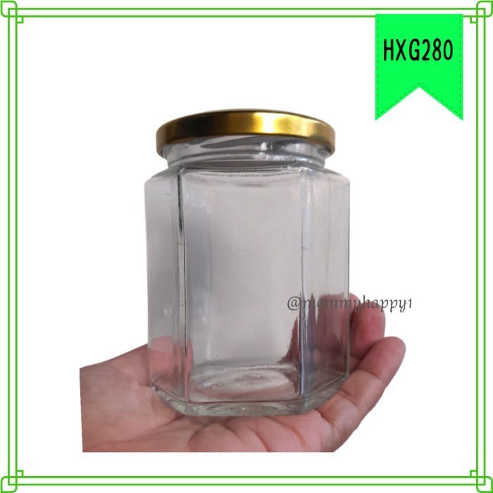(Allthebest) HXG280 Jar / Botol / Toples Kaca Hexagonal 280-320 ml Tutup Gold