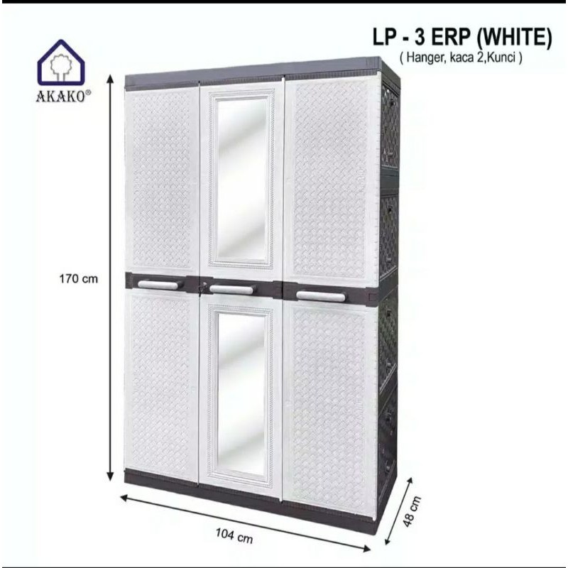LEMARI PAKAIAN BAJU PLASTIK JUMBO 3 PINTU ROTAN LP3EP GANTUNG SEKAT KACA JTR PUTIH CREAM