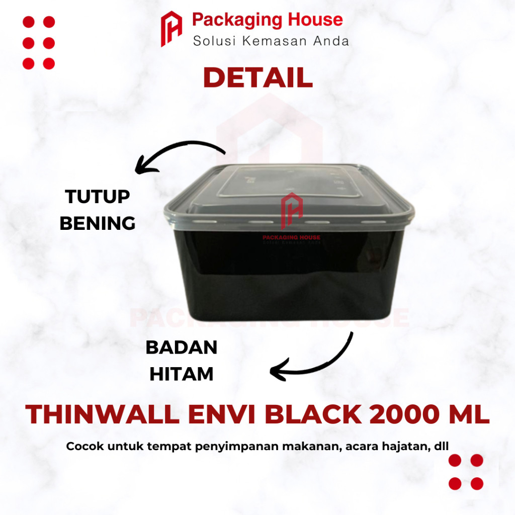 Eleganterra [ 25 Pcs ] Thinwall Kotak Makan Square 2000 Ml Hitam Black Envi Thinwall Envi Premium