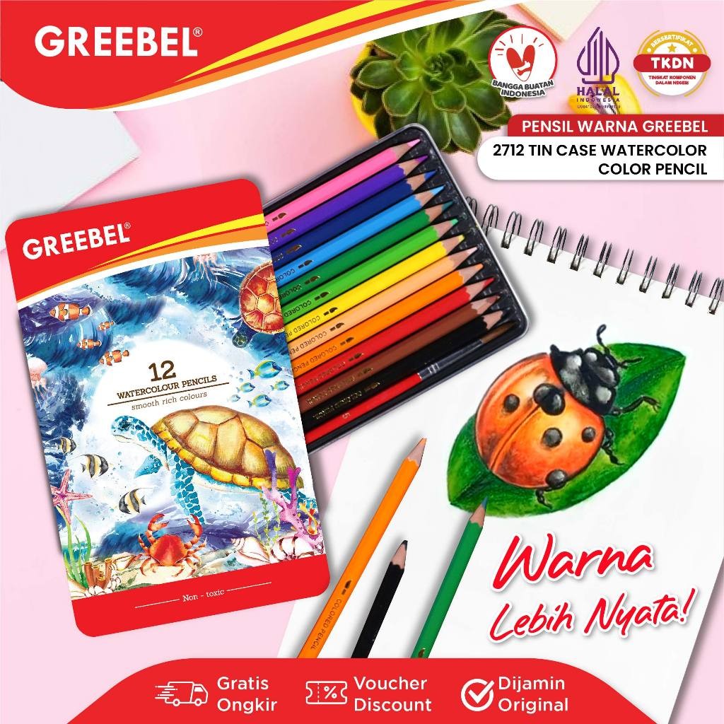 

GREEBEL Pensil Warna / Warna Cerah / Bahan Kuat GREEBEL / GREEBEL 2712 Water Colour Pencil Tin Case / Tas n Tulis