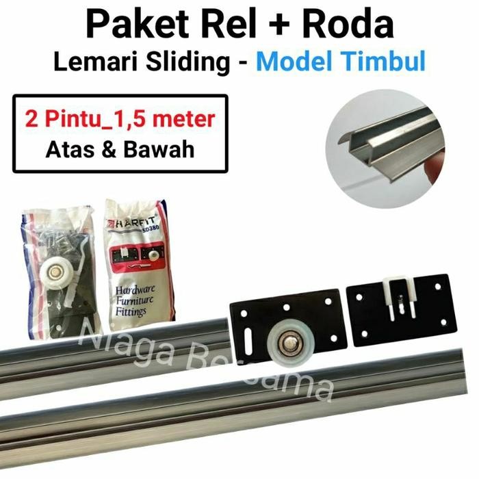 PREMIUM Rel Sliding Lemari 2 Pintu 1,5 Meter Model Timbul Plus Roda Geser SD 380 Harfit