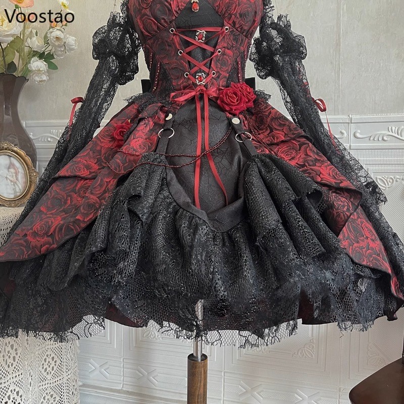Victorian Elegant Lolita Dress Set Women Gothic Rose Flower Bandage Halloween Party Dress With Black