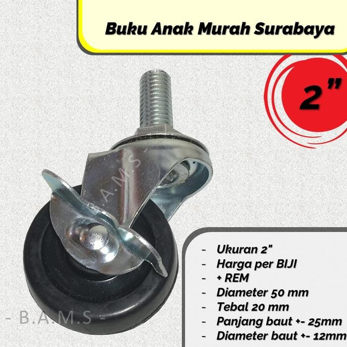 PREMIUM RODA KARET HITAM HIDUP REM 2" AS BAUT DRAT TUSUK RODA TROLI ETALASE