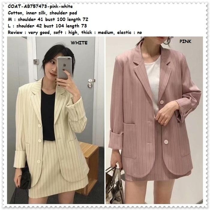 Ab757473 Blazer Jas Blezer Kerja Garis Wanita Korea Import Putih Pink