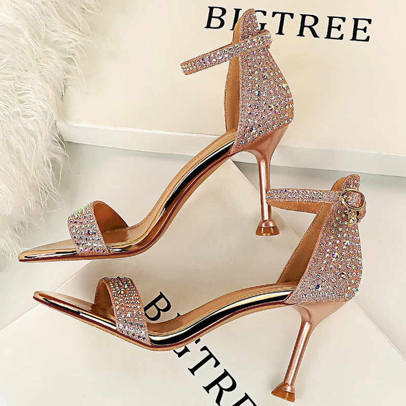 BIGTREE Shoes Rhinestone High Heels Women Pumps Sexy Kitten Heels Party Shoes Open Toe Women Sandals
