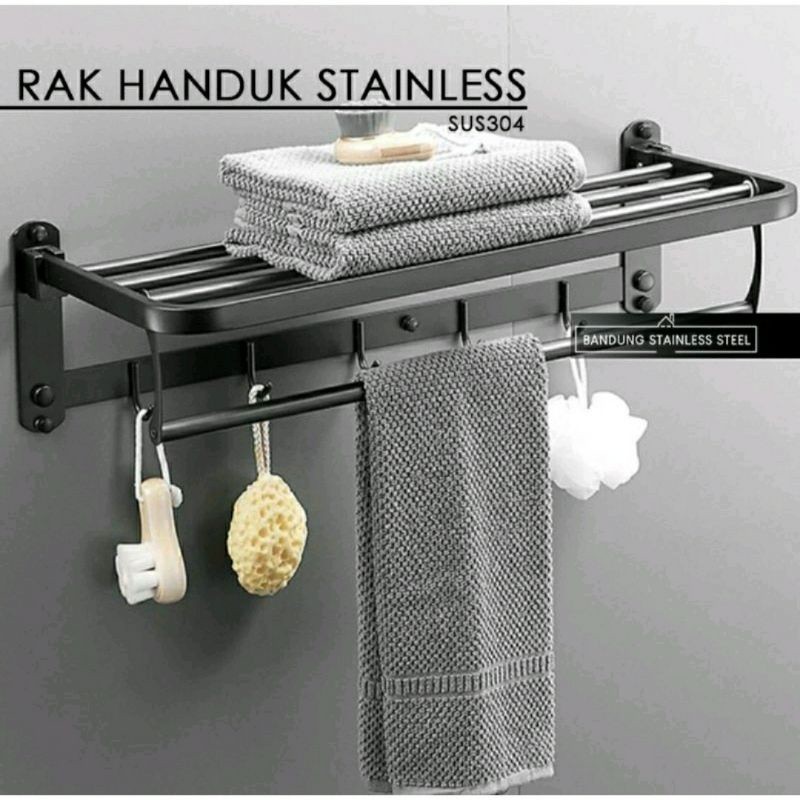 Gantungan Handuk Lipat Stainless Hitam/Black/Gantungan Lipat/Gantungan Baju/Rak Handuk Lipat