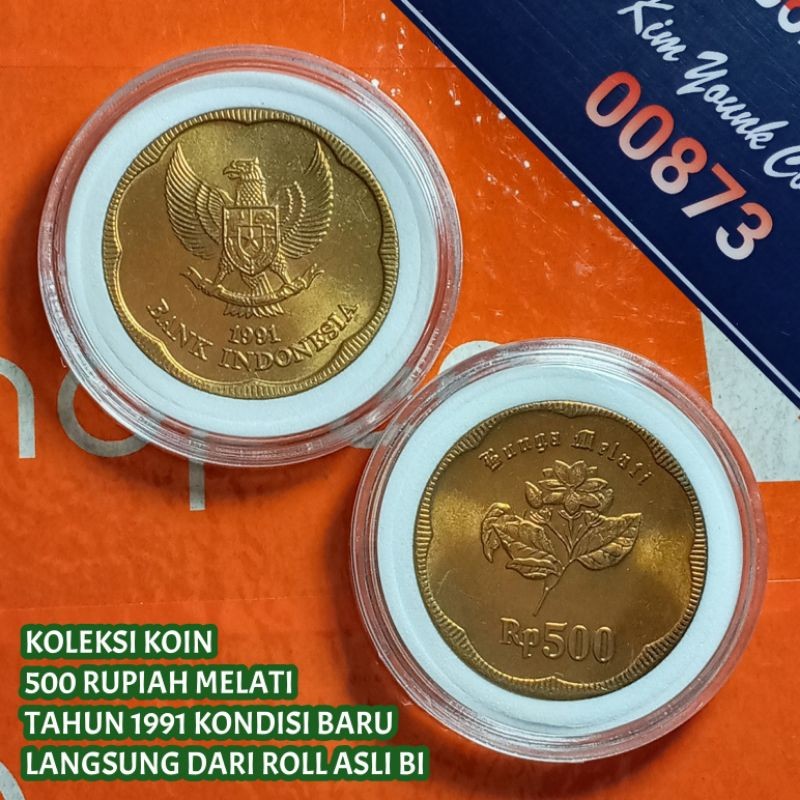 Uang Kuno Koin 500 Rupiah Melati Besar Tahun 1991 Langka Gress Baru Lustre Original Dari Roll+Kapsul