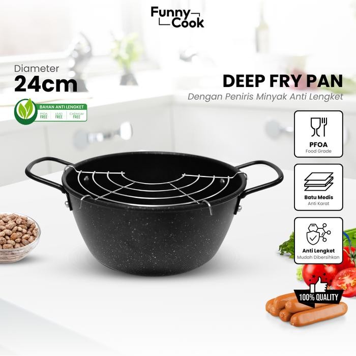 Terlaris- [Upgrade Quality] Funnycook Wajan Penggorengan 24 Cm Deep Fry Pan Free Rak Peniris