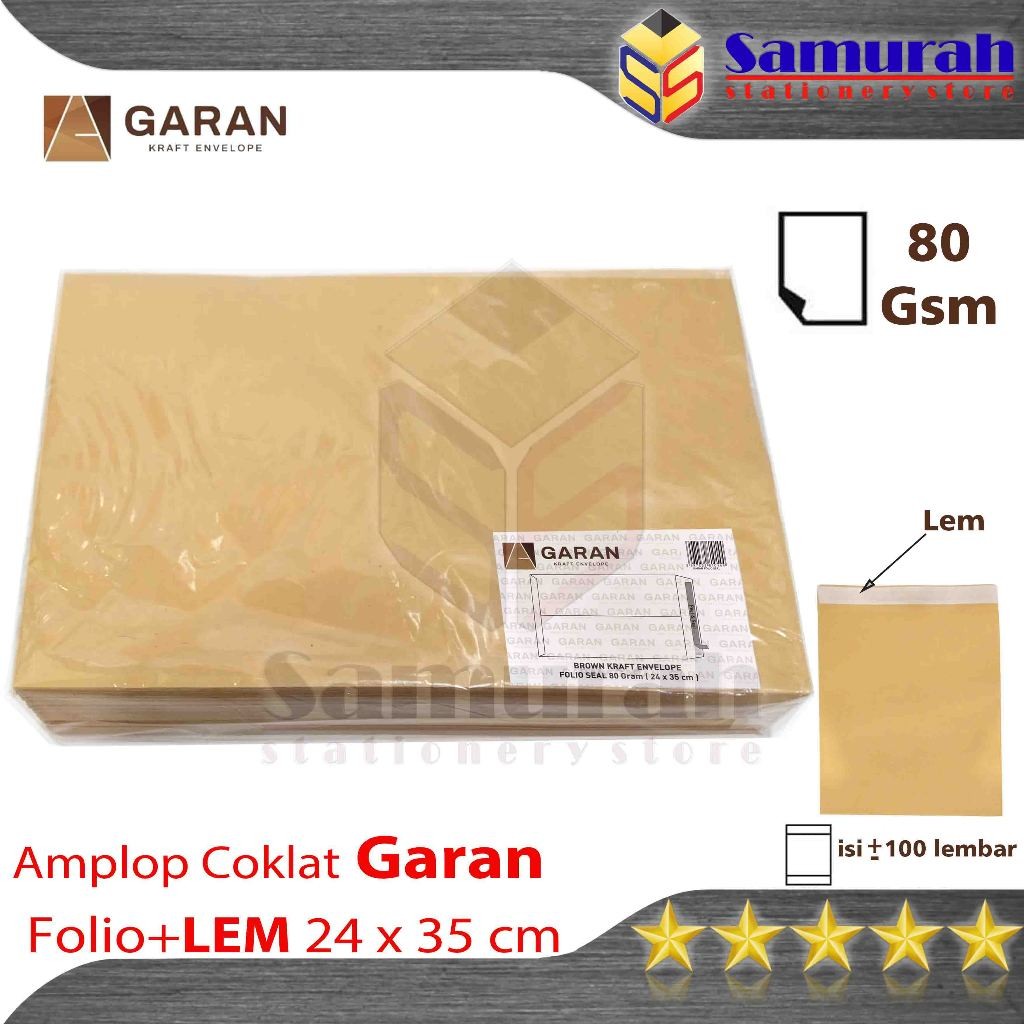 

Amplop Kertas Coklat GARAN Ukuran Folio Lem / Amplop Dokumen F4 + Seal 80 Gsm / Gram 1 Pak Isi 100