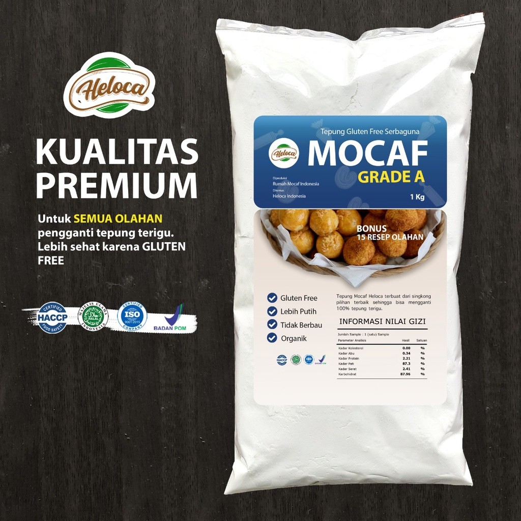 

Heloca Tepung Mocaf Gluten Free Serbaguna Grade A 1 KG BPOM HACCP HALAL
