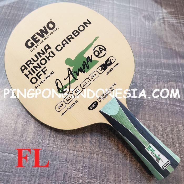 PREMIUM GEWO Aruna Hinoki Carbon OFF - Kayu Pingpong Blade Tenis Meja Bet Bat