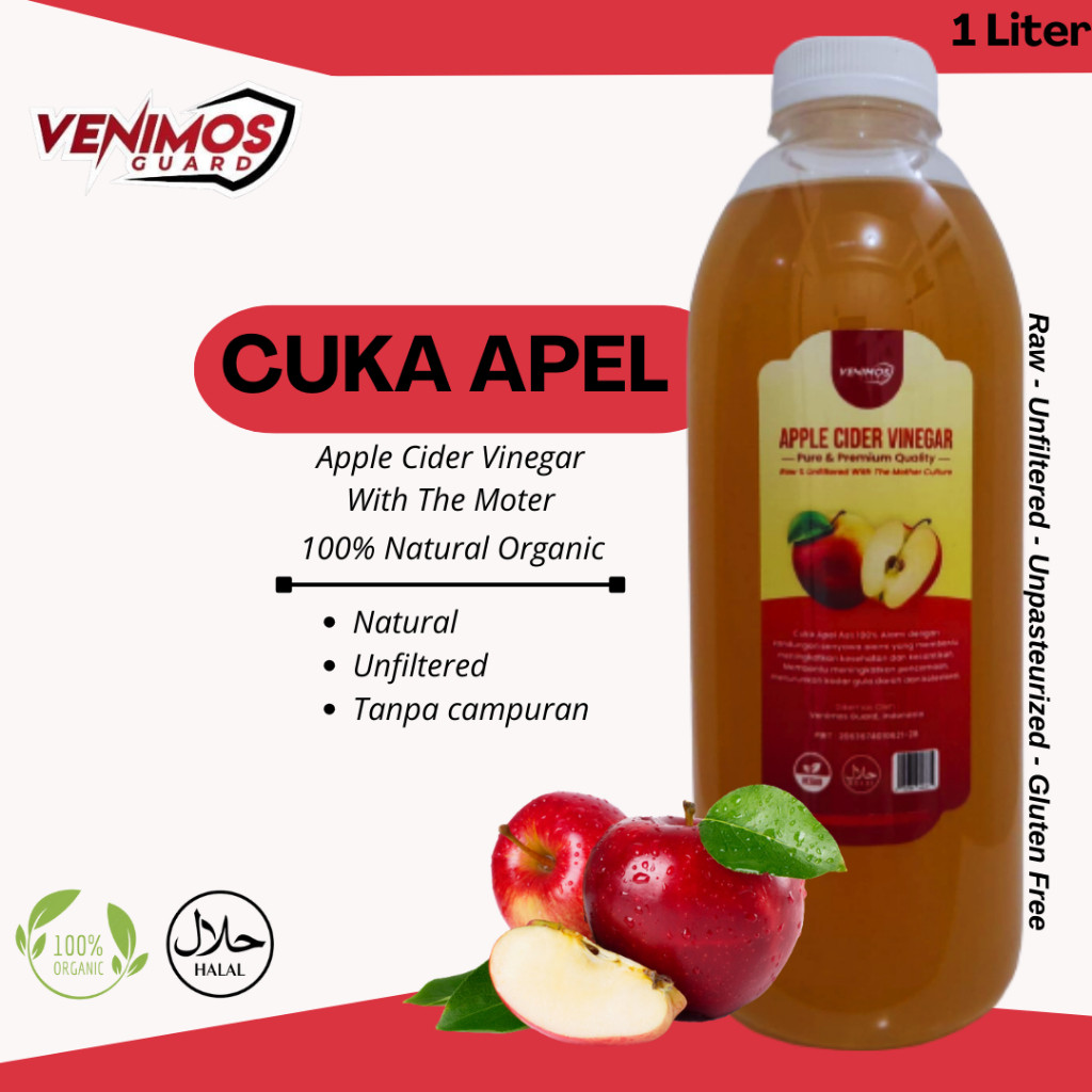

VENIMOS Apple Cider Vinegar Cuka Apel Organik 1L, Unfiltered, Minuman Diet Sehat