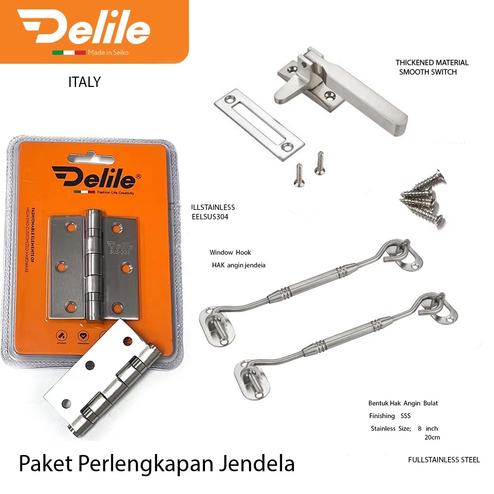 Paket Perlengkapan Jendela Kayu DELILE / Satu Set Hak Angin / Engsel / Rambuncis / Spring Knife