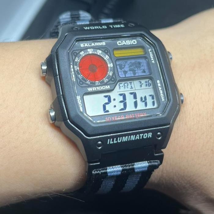 Modified Jam Tangan Pria Casio Ae-1200, Colorful Lcd, Hydromod Case And Nato Kanvas Canvas Military