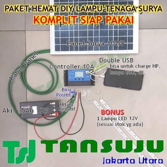 Laris Paket Hemat Komplit Siap Pakai Lampu Solar Cell 10Wp Controller 10A Aki 12V 5Ah Bonus Lampu