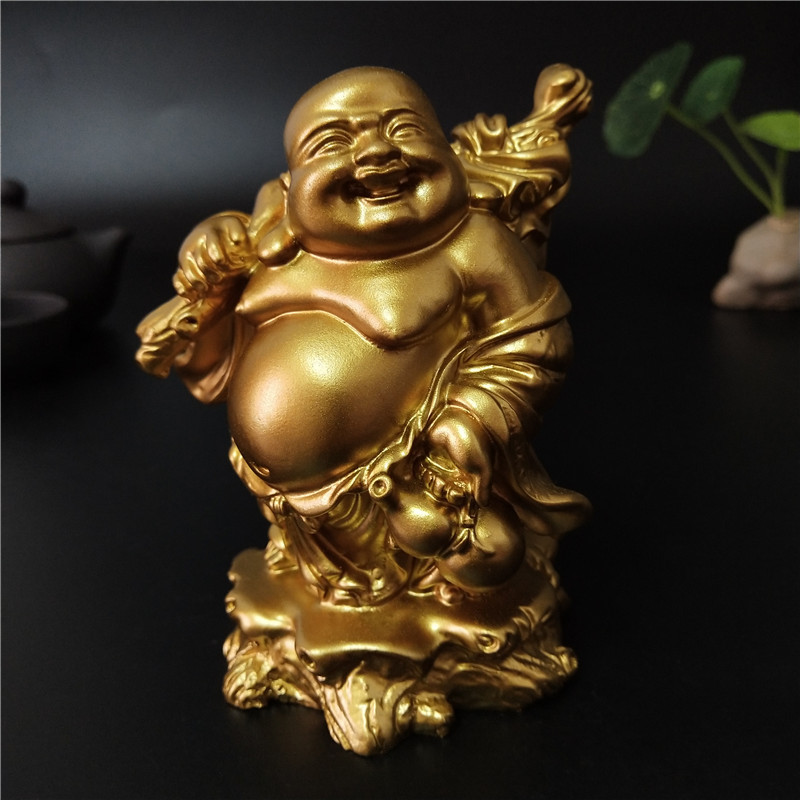 Patung Buddha Tertawa Keberuntungan Emas Feng Shui Cina Patung Buddha Maitreya Uang Besar untuk Deko