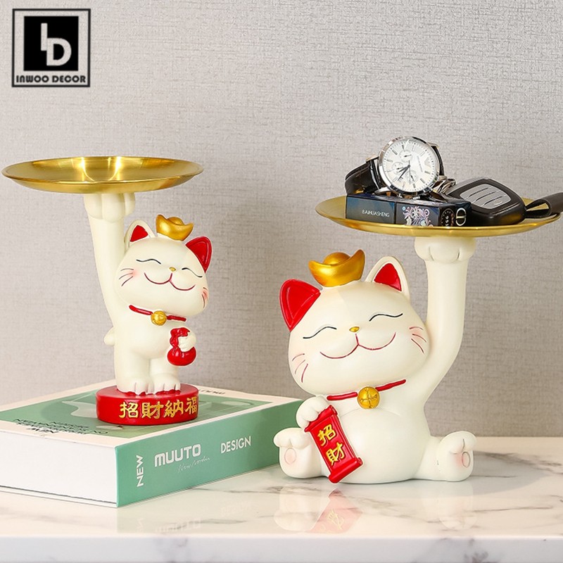 Beruntung Lucu Kawaii Kucing Patung Uang Kotak Penyimpanan Nampan Makanan Ringan Pemegang Kekayaan K