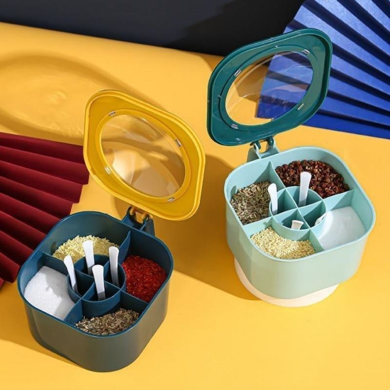 Kotak Bumbu Plastik dengan Sendok Toples Bumbu Multi Kompartemen Toples Bumbu Ramuan Pot Wadah Penyi