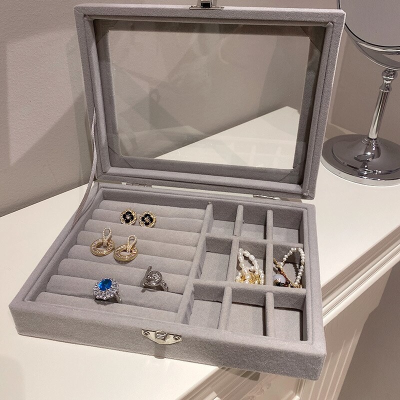 Kotak Perhiasan Kaca Beludru Abu-abu Kotak Organizer Display Perhiasan Anting Cincin Kalung Tempat B