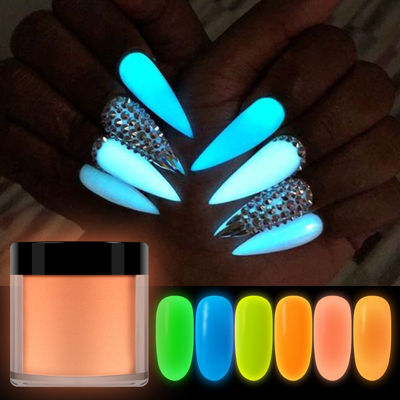 10ML Bubuk Akrilik Menyala Dalam Gelap Bubuk Celup Kuku Bercahaya Debu Pigmen Neon Glitter untuk Per